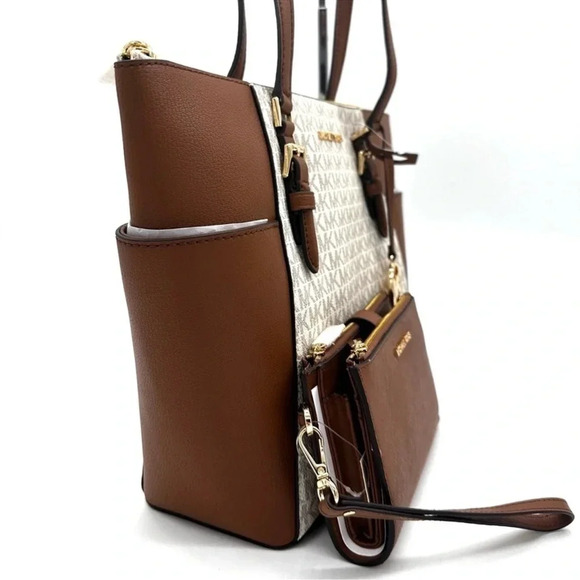 Michael Kors Large Charlotte Tote Bag & Large Double Zip Wallet Vanilla/Brown - Picture 4 of 14